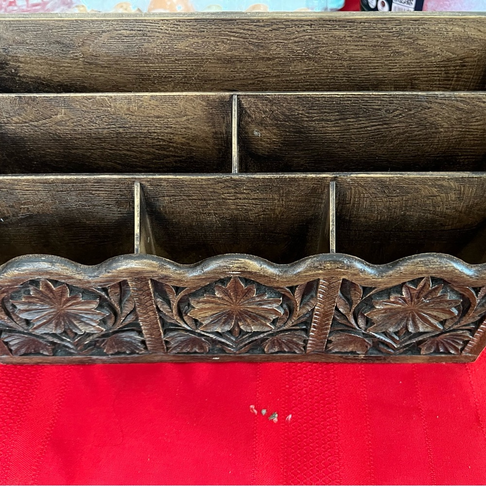 Vintage Carved Wooden Organizer with Floral Motif - Brown